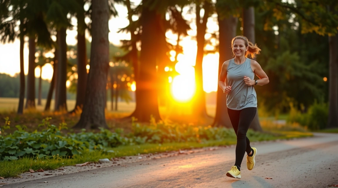 A vibrant, energetic image of a person enjoying a morning run outdoors, surrounded by nature, symbolizing natural energy boosting.