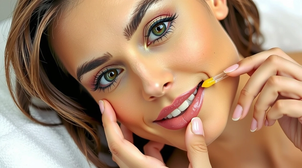 A woman applying a vitamin C serum to her face, with glowing skin and a bright, natural background.