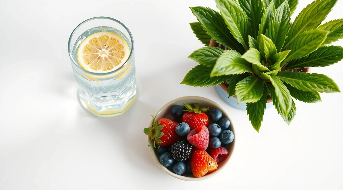 A glass of water with lemon slices, next to a bowl of fresh berries and a green plant, symbolizing hydration and natural nutrition.