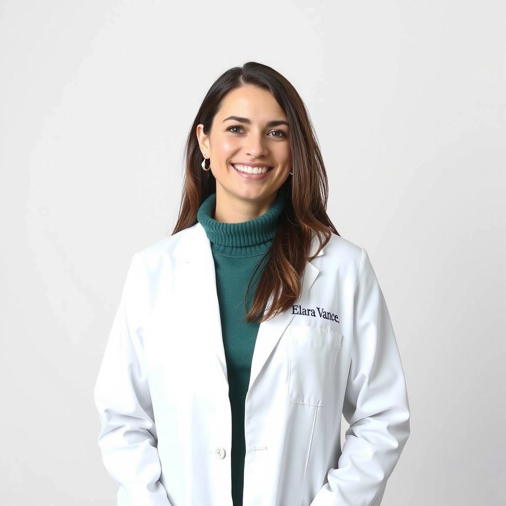 Portrait of Dr. Elara Vance, a dermatologist expert.