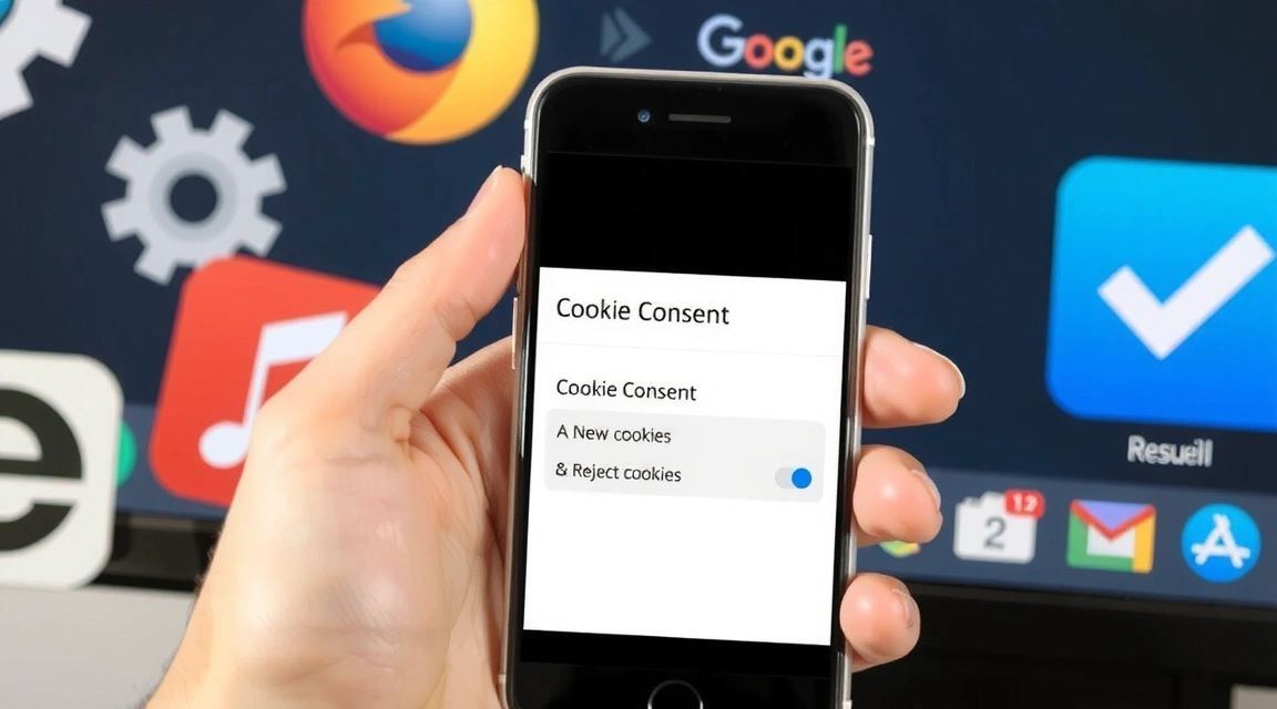 A hand holding a smartphone displaying cookie consent options, with various browser settings icons in the background, symbolizing user control over privacy.