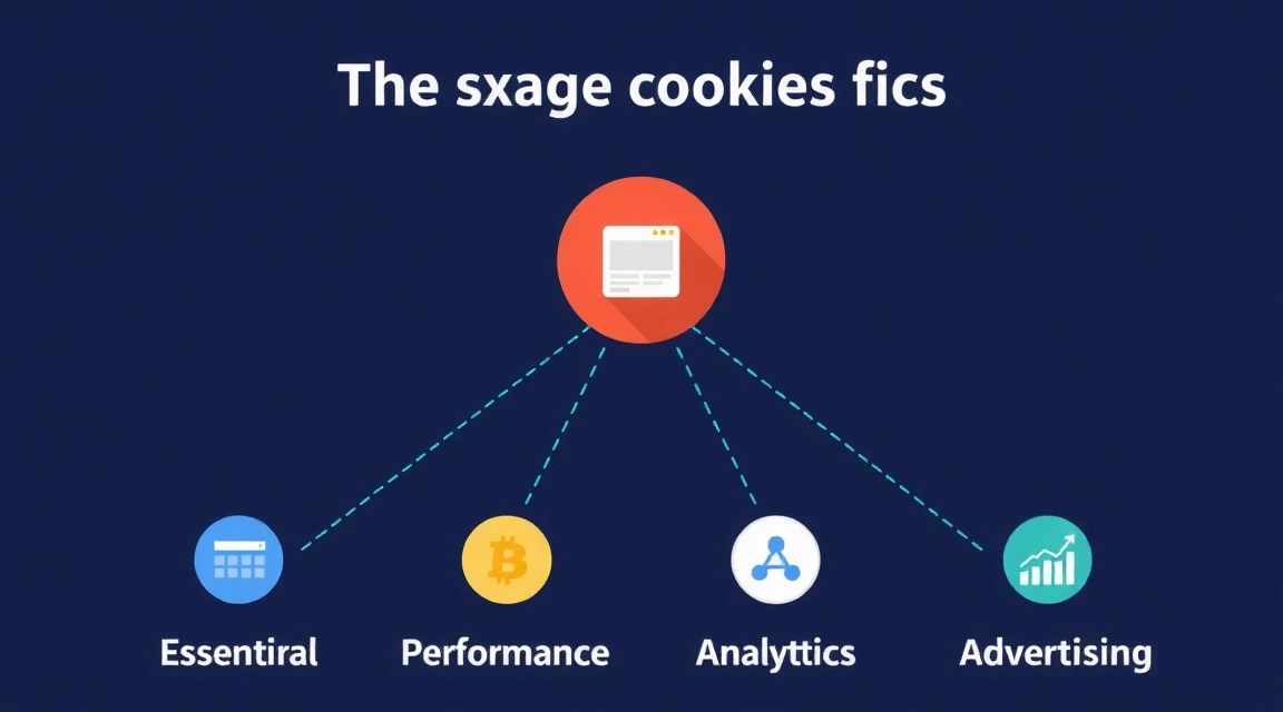A diagram illustrating different types of cookies (essential, performance, analytics, advertising) with their respective functions, connected by lines to a central website icon.