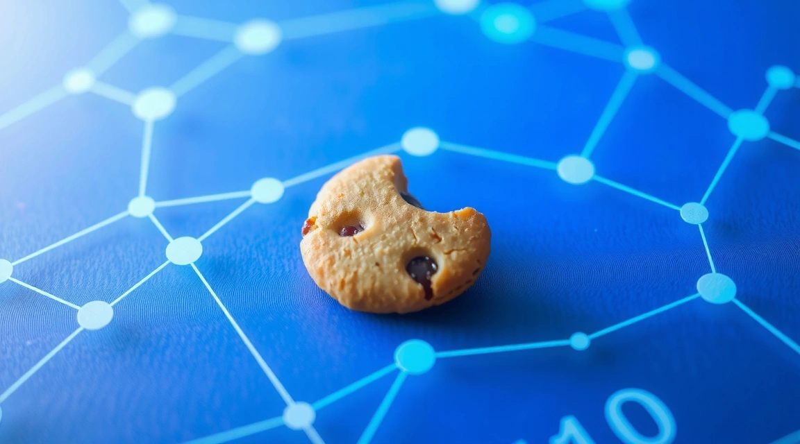 A close-up of a web browser cookie icon with digital data streams in the background, symbolizing privacy and data collection.