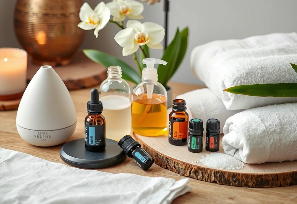 A serene spa-like setting with various beauty and wellness products, such as aromatherapy diffusers, essential oils, bath salts, and soft towels. There are elements of nature like smooth stones, bamboo, or orchids, creating a calming and luxurious atmosphere. The focus is on relaxation and self-care, with warm, inviting lighting. No text or branding visible.