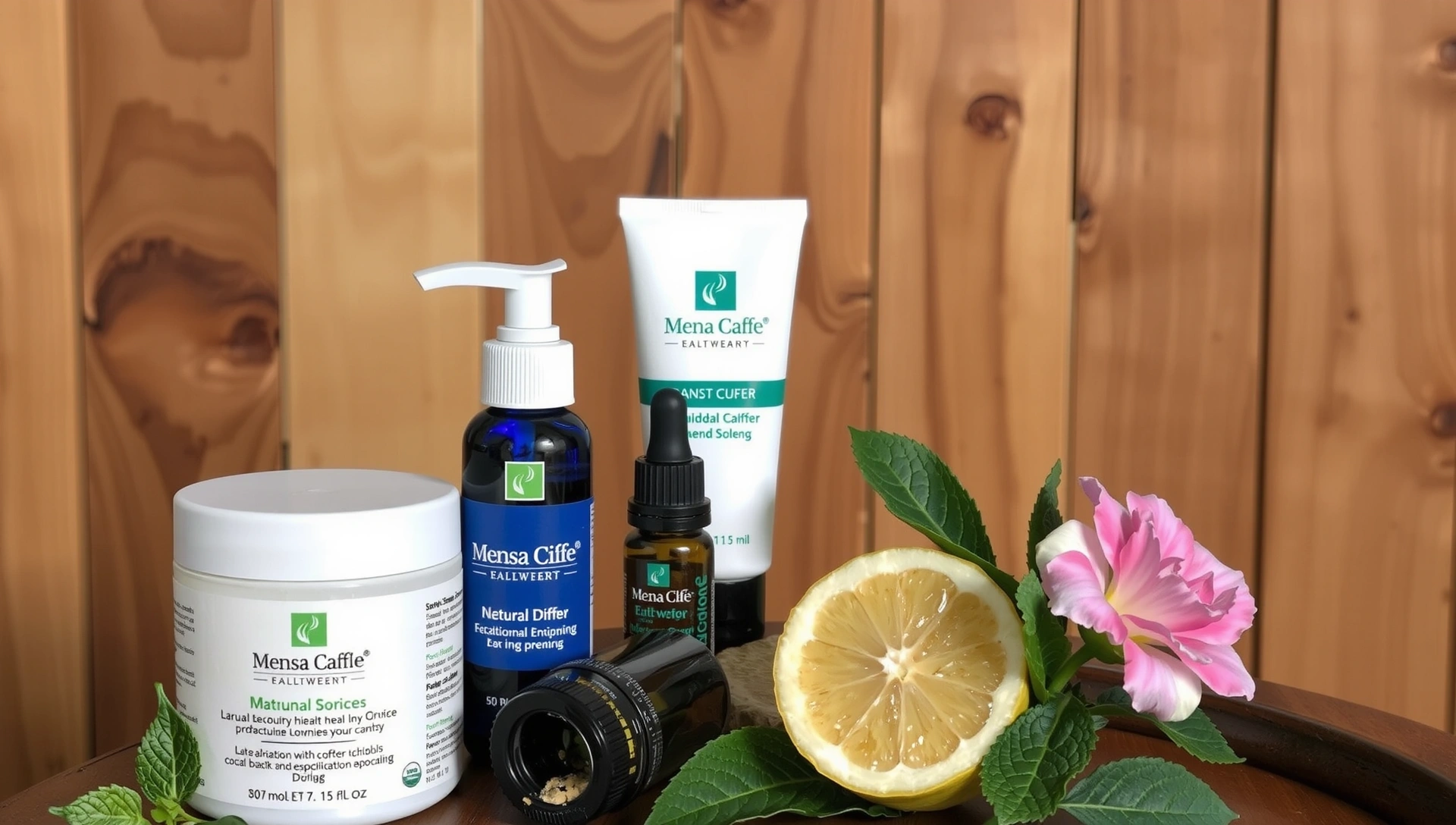 An array of natural health and beauty products, including skincare bottles, herbal supplements, and essential oils, arranged aesthetically on a smooth, light-colored surface with soft, diffused lighting. There are subtle hints of botanical elements like leaves or flowers in the background, creating a sense of purity and tranquility. The focus is on the textures and natural appearance of the products, with no text or branding visible. The overall mood is serene and inviting, emphasizing wellness and natural beauty.