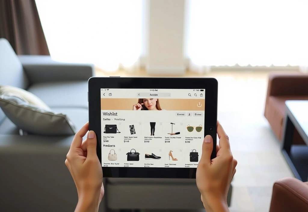 Elegant hands holding a tablet displaying a full wishlist