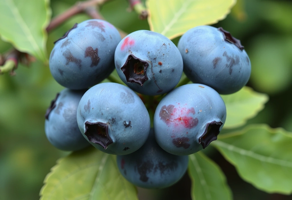 Close-up of ripe blueberries on a branch