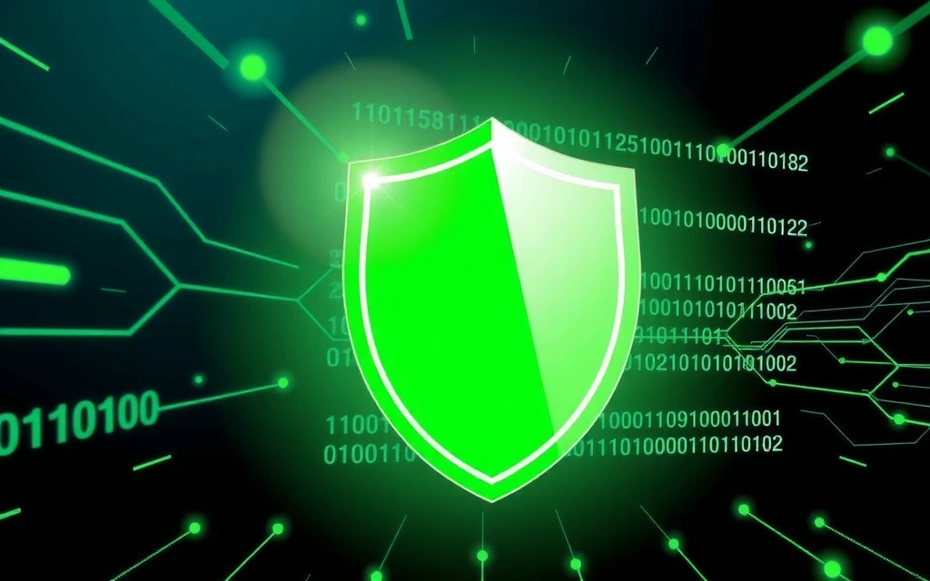Cybersecurity shield protecting data, with a vibrant green glow