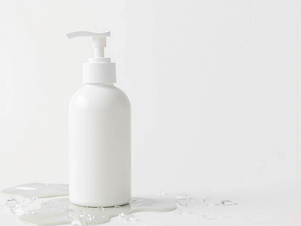 A foamy, gentle facial cleanser in a minimalist bottle, with soft bubbles and water splashes, conveying purity.