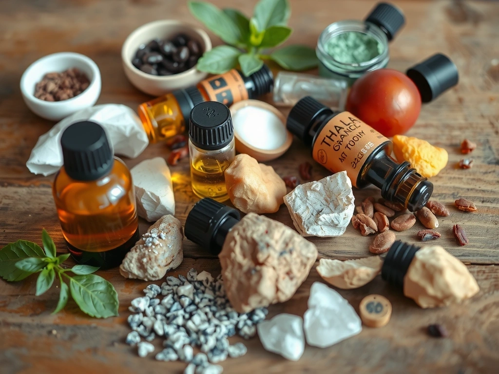 A close-up of various natural ingredients like botanical extracts, essential oils, and minerals, used in skincare.